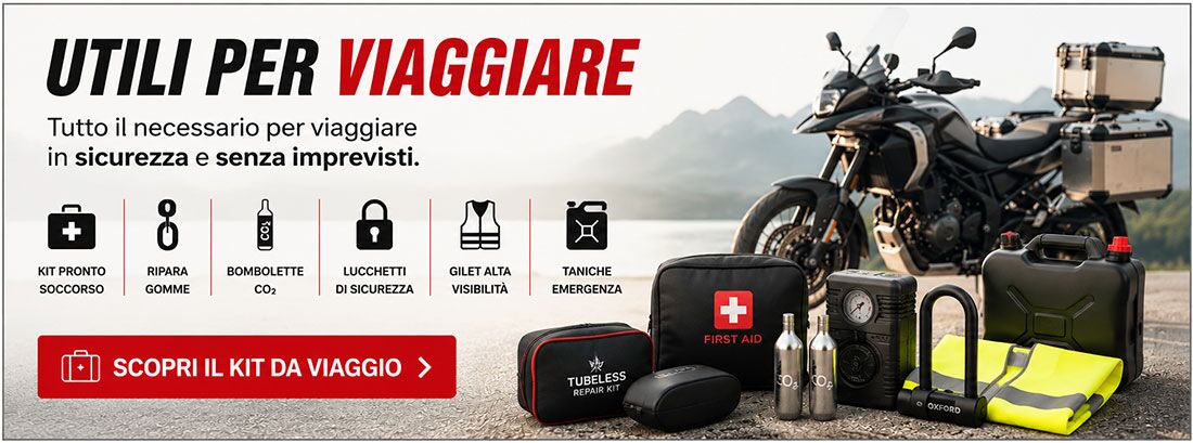 Scopri il nostro Kit da Viaggio per moto con accessori indispensabili per il mototurismo: <br />kit pronto soccorso, ripara gomme, bombolette CO₂, lucchetto, gilet alta visibilità e altri articoli utili per viaggiare in sicurezza.